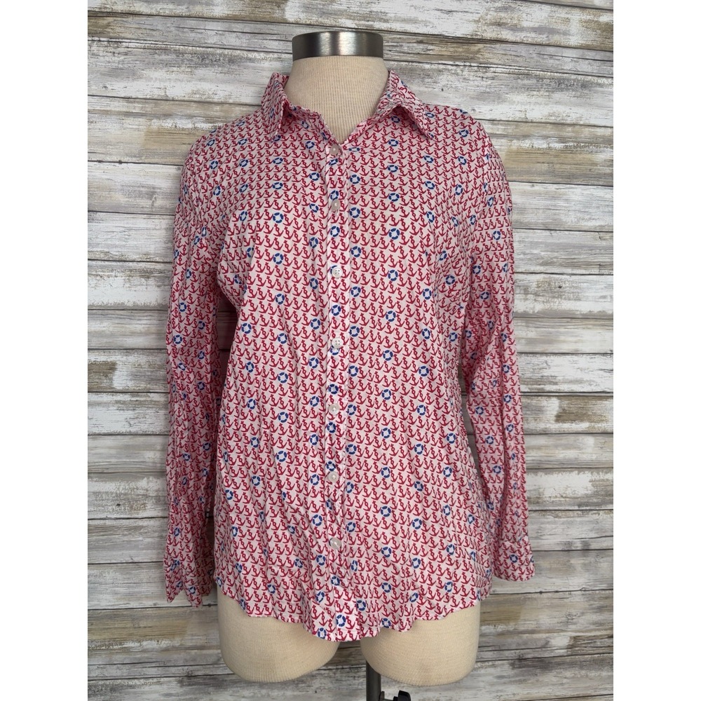 Crown & Ivy Top Size Medium Button Up‎ Shirt Anchors Red White Blue Nautical